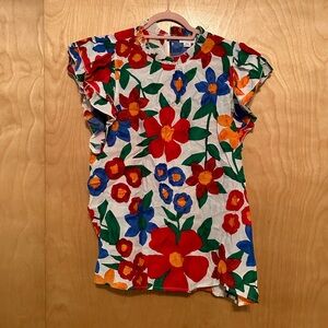 Chic Soul - Floral White and Red Scoop Neck Cap Sleeve Ruffled Blouse